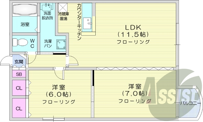 2LDK、バストイレ別、独立洗面台、暖房灯油FF