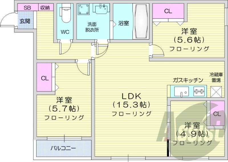 3LDK、エアコン、システムキッチン、浴室乾燥機