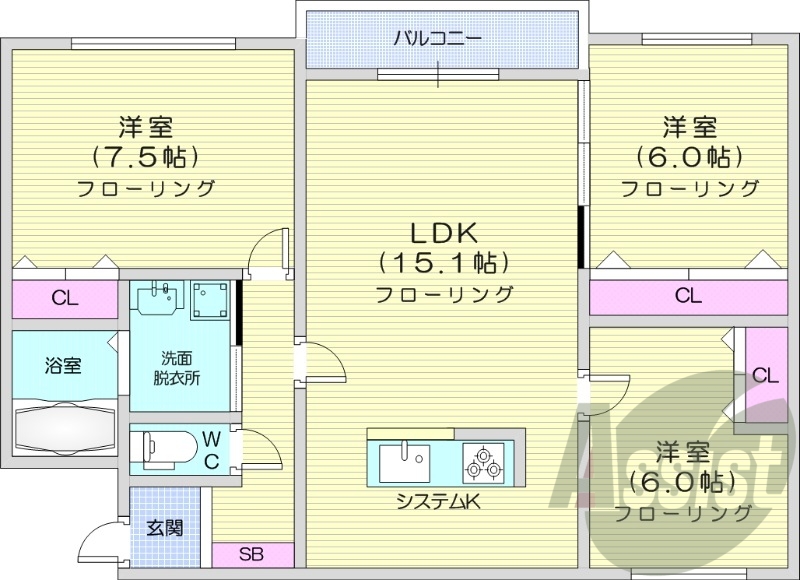 3LDK、エアコン、システムキッチン、浴室乾燥機