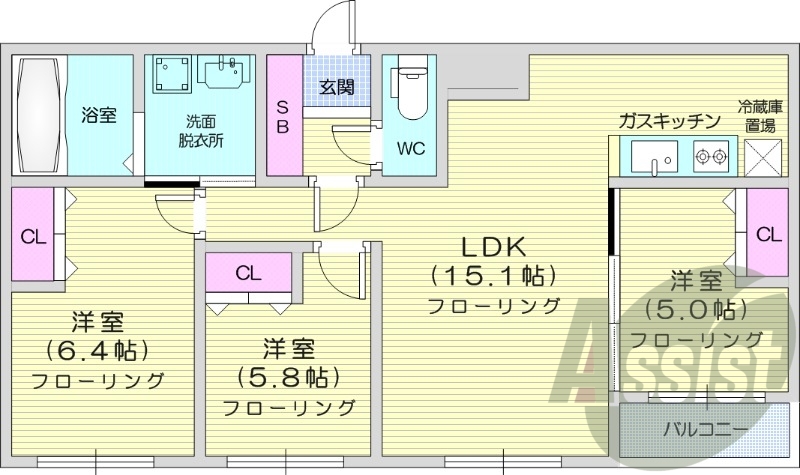 3LDK、エアコン、システムキッチン、浴室乾燥機