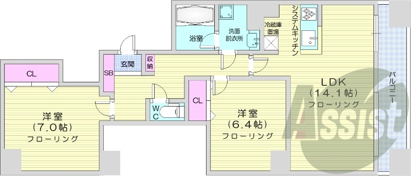 2LDK、クローゼット、システムキッチン、ウォシュレット