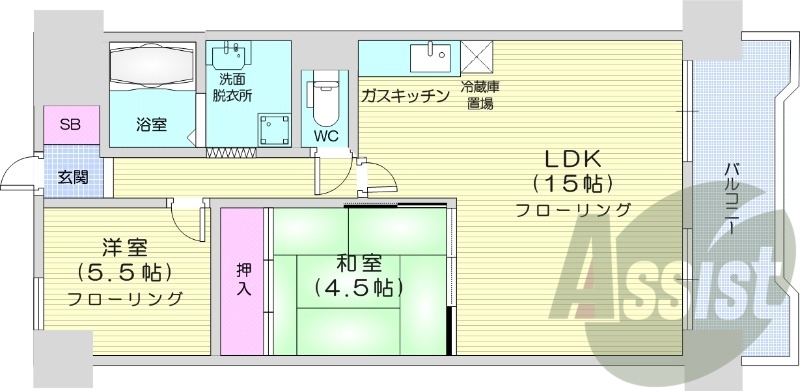 2LDK、都市ガス分譲マンション、システムキッチン