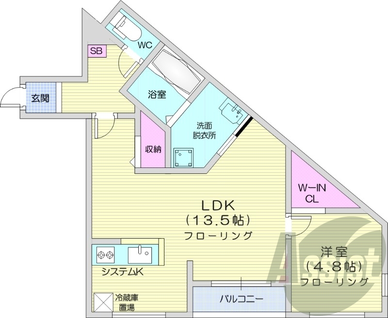 1LDK、都市ガス、エアコン、システムキッチン、ネット無料