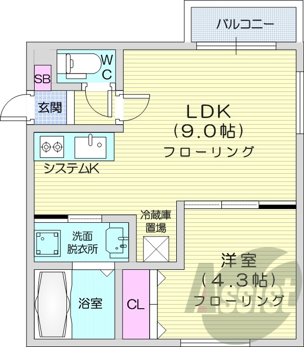1LDK、都市ガス、エアコン、システムキッチン、ネット無料