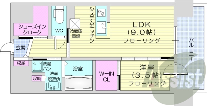 1LDK、ウォークインクローゼット、バルコニー、システムK