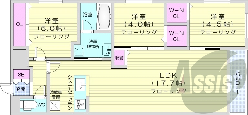 3LDK、都市ガス、エアコン、浴室乾燥機、システムキッチン