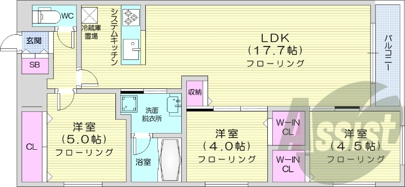 3LDK、都市ガス、エアコン、浴室乾燥機、システムキッチン