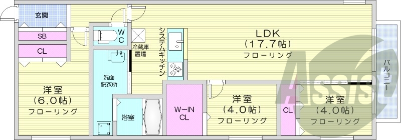 3LDK、都市ガス、エアコン、浴室乾燥機、システムキッチン