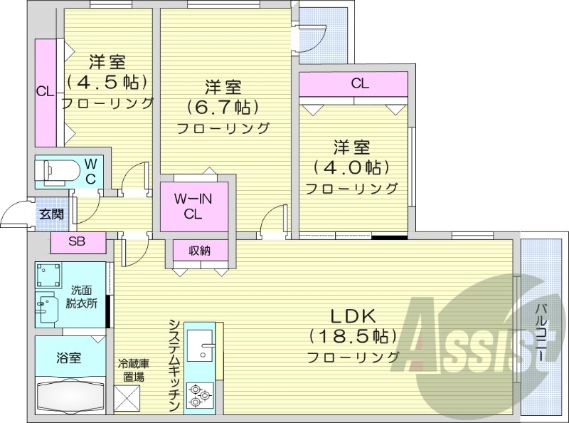 3LDK、都市ガス、エアコン、浴室乾燥機、システムキッチン