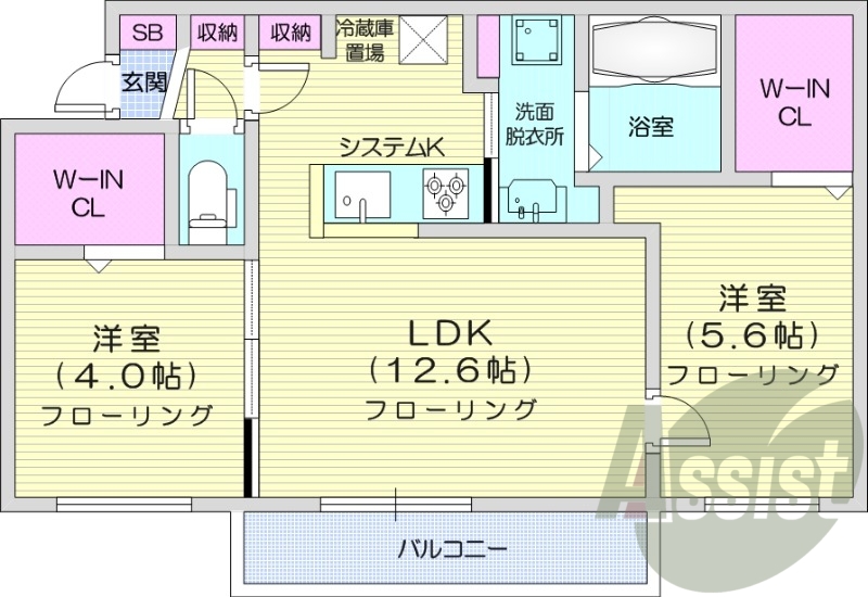 2LDK、都市ガス、エアコン、システムキッチン、浴室乾燥機