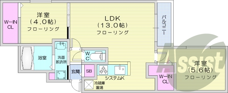 2LDK、都市ガス、エアコン、システムキッチン、浴室乾燥機