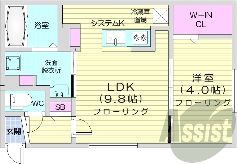 1LDK、都市ガス、エアコン、システムキッチン、浴室乾燥機