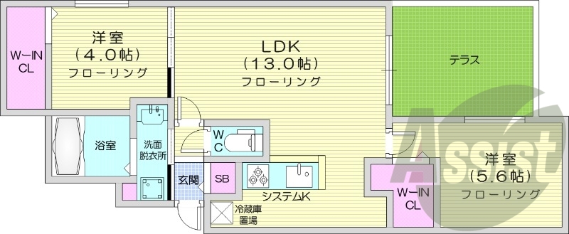 2LDK、都市ガス、エアコン、システムキッチン、浴室乾燥機