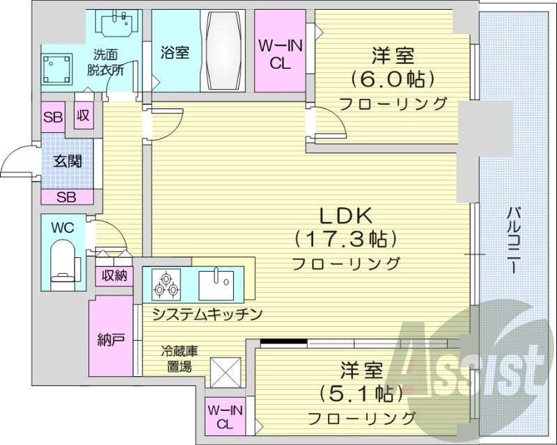 2LDK、システムキッチン、シャワートイレ、追い焚き