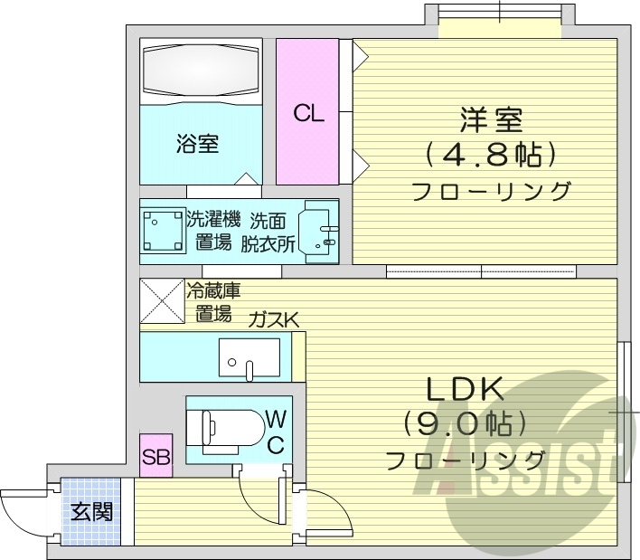 1LDK、クローゼット、独立洗面台、モニタ付インターホン