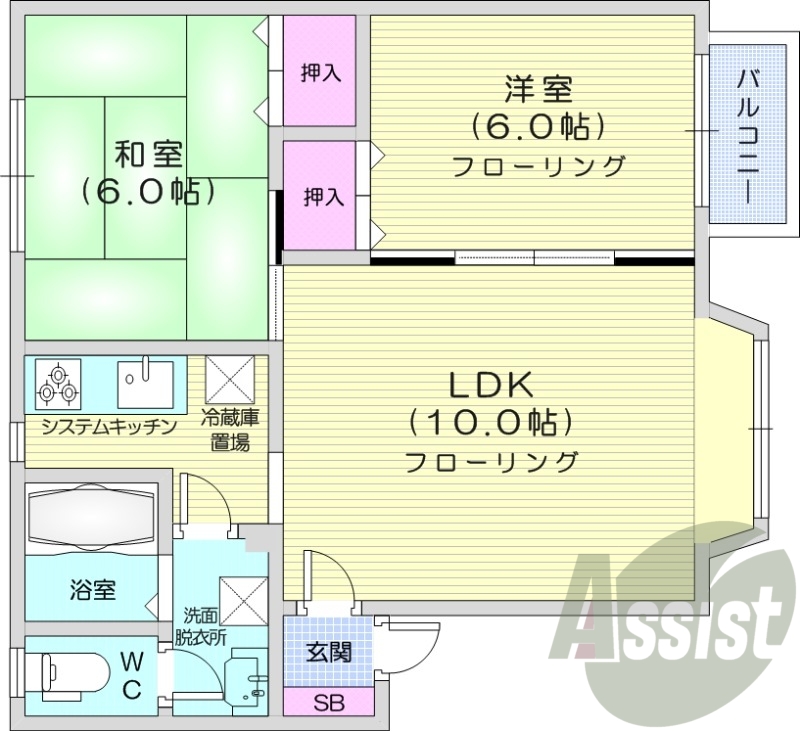 2LDK、システムキッチン、灯油暖房、バストイレ別