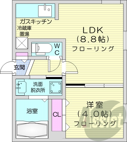 1LDK、都市ガス、エアコン、浴室乾燥機、独立洗面台