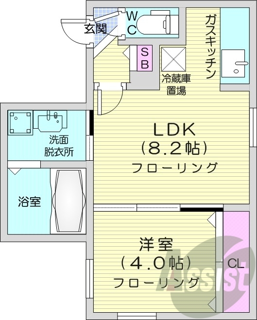 1LDK、都市ガス、エアコン、浴室乾燥機、独立洗面台