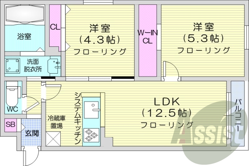 2LDK、都市ガス、エアコン、システムキッチン