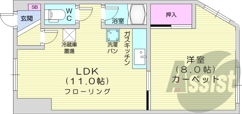1LDK、灯油暖房、バストイレ別、モニター付きインターホン