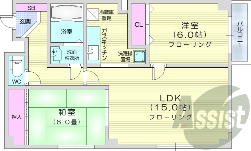 2LDK、オートロック、エアコン、シャワートイレ、バルコニー