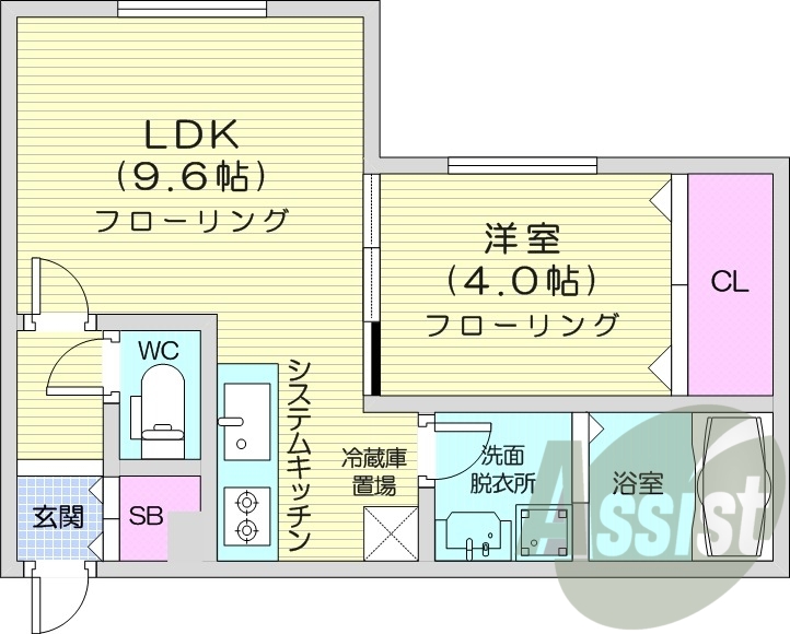 1LDK、都市ガス、システムキッチン、エアコン