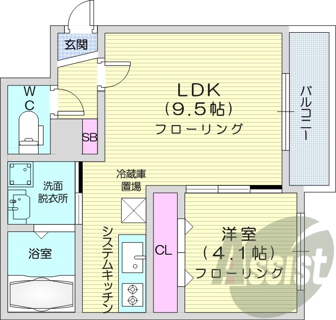 1LDK、都市ガス、システムキッチン、エアコン