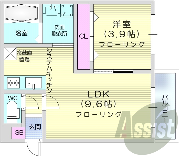1LDK、都市ガス、システムキッチン、エアコン