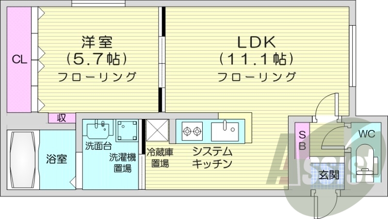 1LDK、エアコン、独立洗面台、システムキッチン、