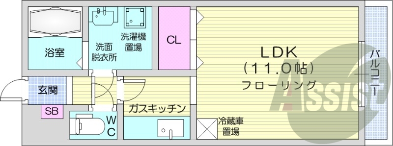 1K、都市ガス、エレベーター、インターネット無料