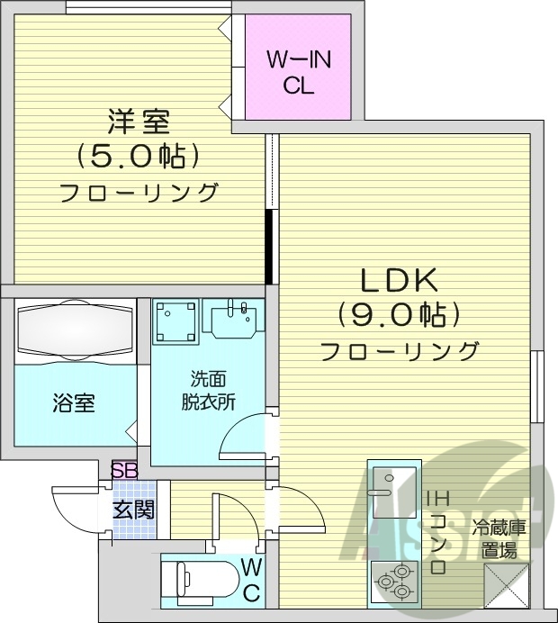1LDK、角部屋、ネット無料、ウォークインクローゼット