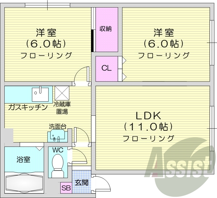 2LDK、灯油暖房、独立洗面台、バストイレ別