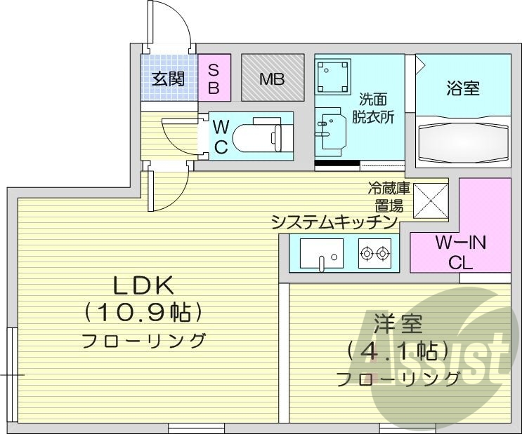 1LDK、都市ガス、エアコン、浴室乾燥機、システムキッチン
