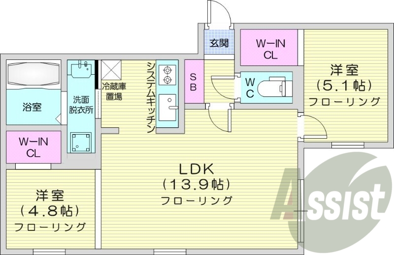 2LDK、都市ガス、エアコン、浴室乾燥機、システムキッチン
