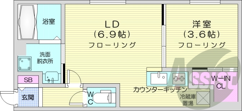 1LDK、エアコン、システムキッチン、独立洗面台