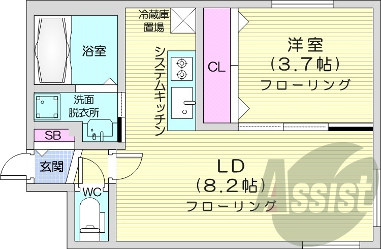 1LDK、エアコン、システムキッチン、独立洗面台