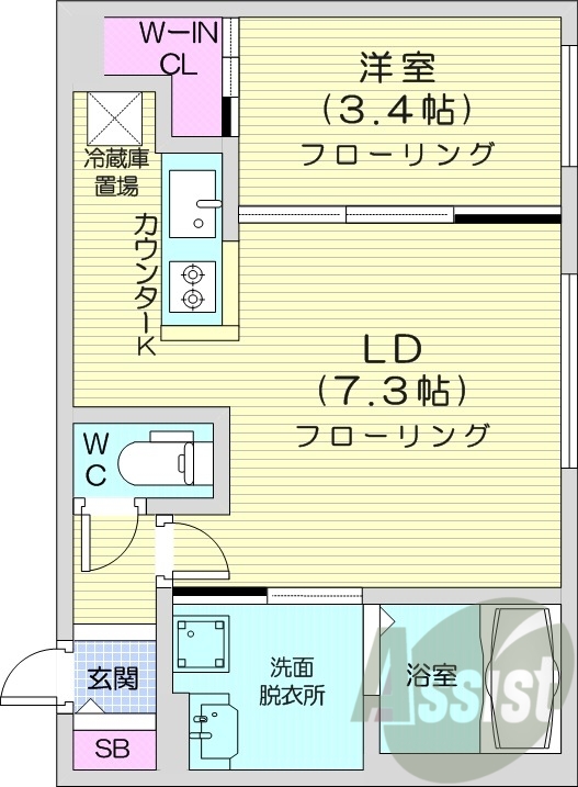 1LDK、エアコン、システムキッチン、独立洗面台