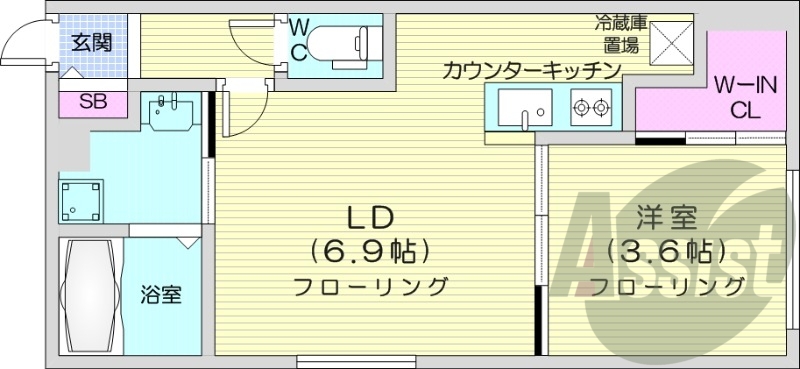 1LDK、エアコン、システムキッチン、独立洗面台