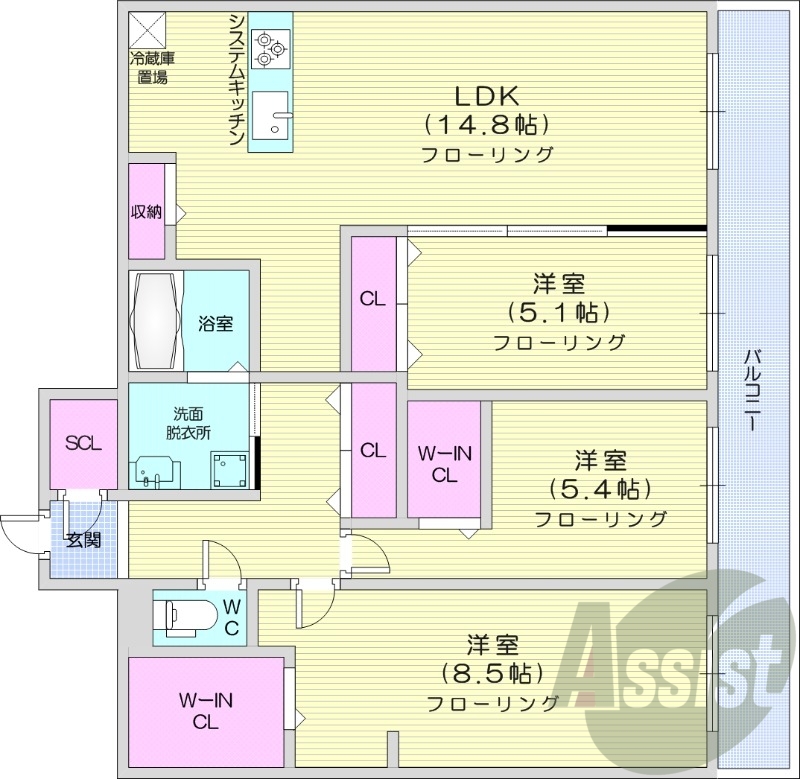 3LDK、都市ガス、浴室乾燥機、エアコン、システムキッチン