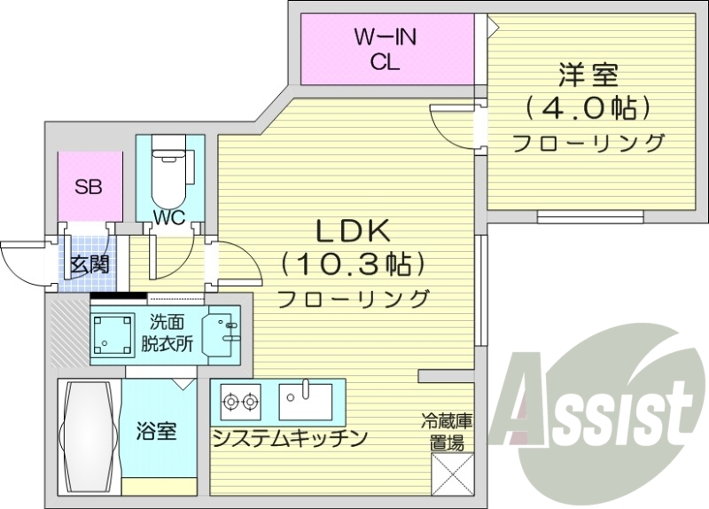 1LDK、都市ガス、浴室乾燥機、エアコン、システムキッチン