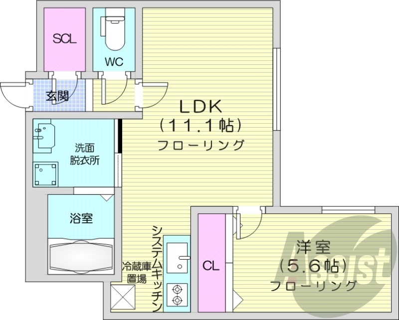 1LDK、都市ガス、浴室乾燥機、エアコン、システムキッチン