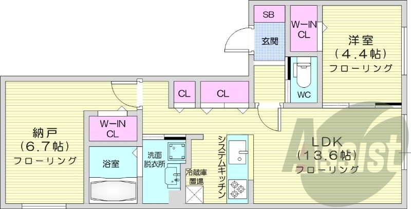 2LDK、都市ガス、エアコン、システムキッチン