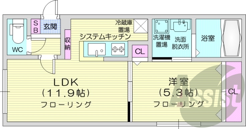 1LDK、対面システムキッチン、シャワートイレ、オートロック
