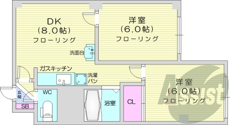 2LDK、洗髪洗面化粧台、TVインターホン