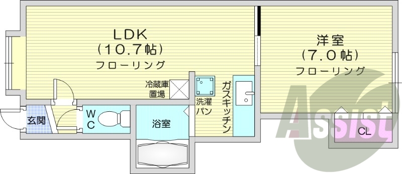1LDK、バストイレ別、灯油暖房、無料駐車場