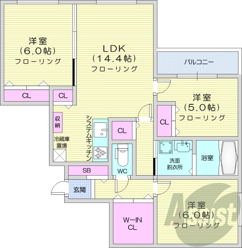 3LDK、都市ガス、エアコン、追い焚き、浴室乾燥機、1坪バス