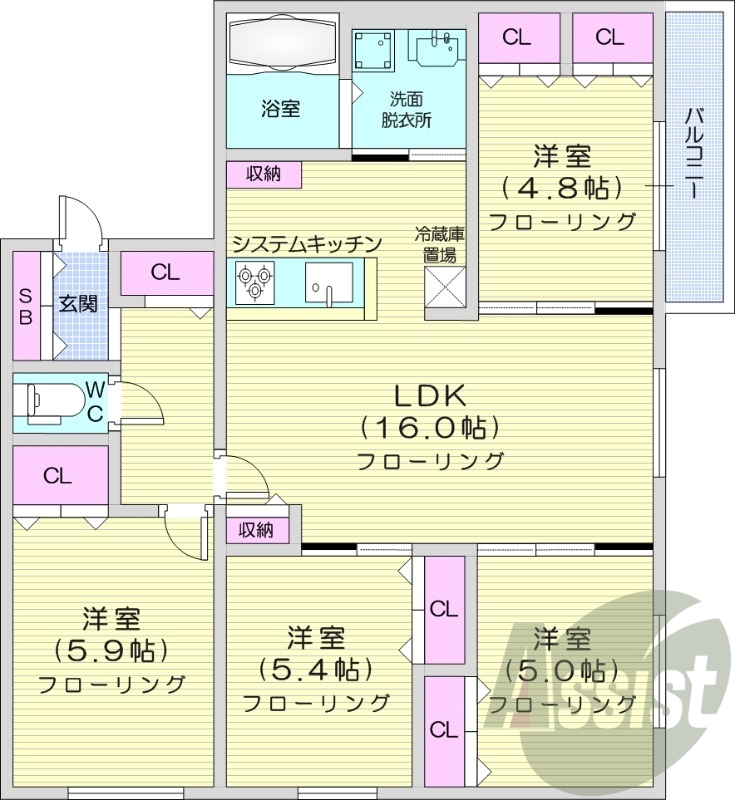 4LDK、都市ガス、エアコン、追い焚き、浴室乾燥機、1坪バス