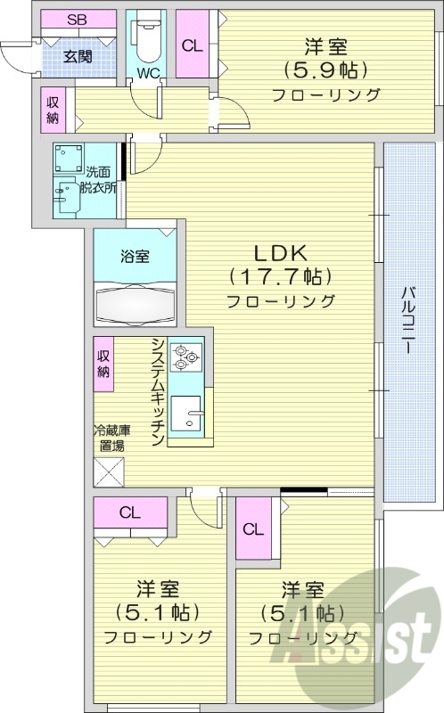 3LDK、都市ガス、エアコン、システムキッチン
