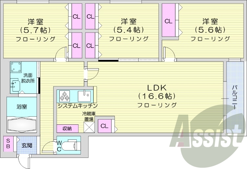 3LDK、都市ガス、エアコン、追い焚き、浴室乾燥機、1坪バス