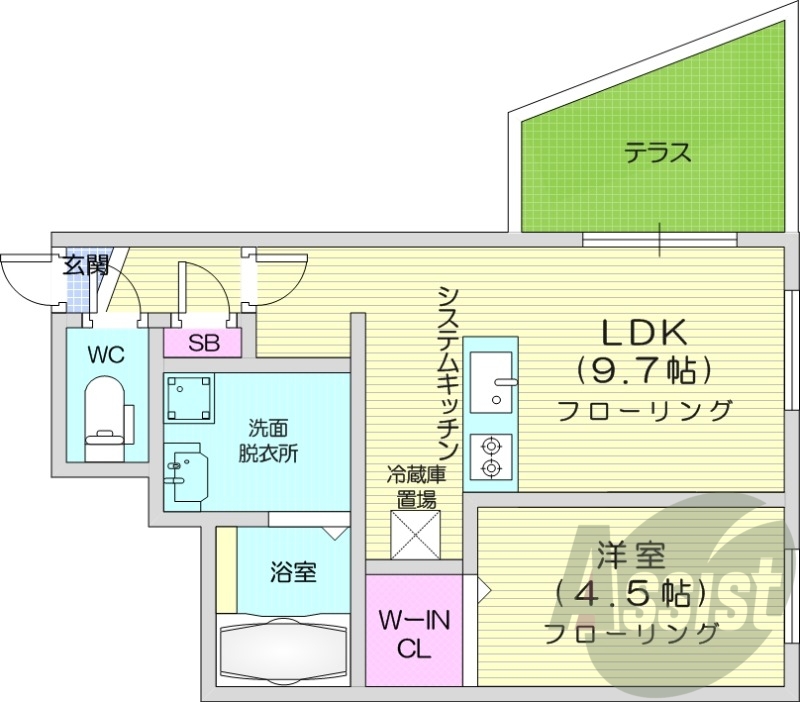 1LDK、都市ガス、浴室乾燥機、エアコン、システムキッチン